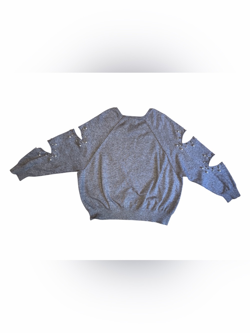 Elan Gray Crewneck Sweatshirt with Cutout Pearl-Studded Sleeves - Picture 3 of 7